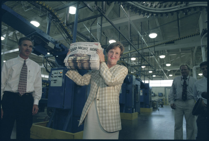 Publisher Mary Junck holding final Evening Sun